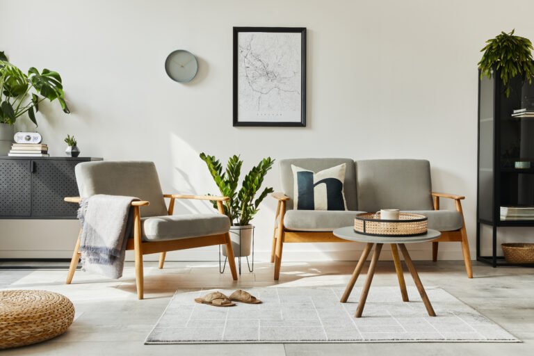 Modern retro concept of home interior with design sofa, armchair, coffee table, plants, mock up poster map, carpet and personal accessoreis. Stylish home decor of living room.